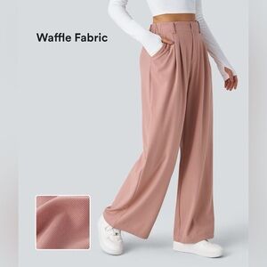 High Waisted Plicated Side Pocket Wide Leg Waffle Work Pants